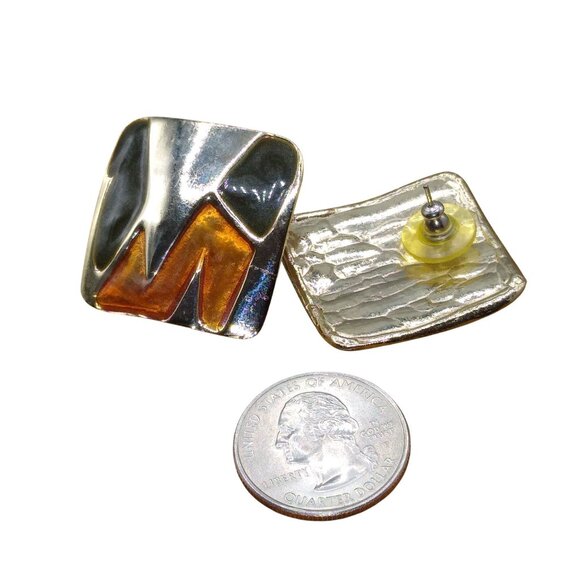 Vintage Modernist Abstract Earrings, Orange and Black Enamel on Gold Tone Studs - Picture 4 of 4